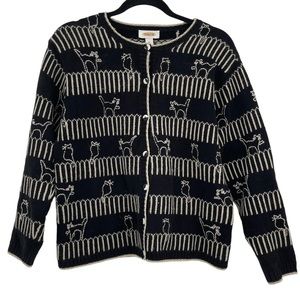 Talbots Womens Black White Cats Knit Button Up Sweater Cardigan Sz Small Cotton